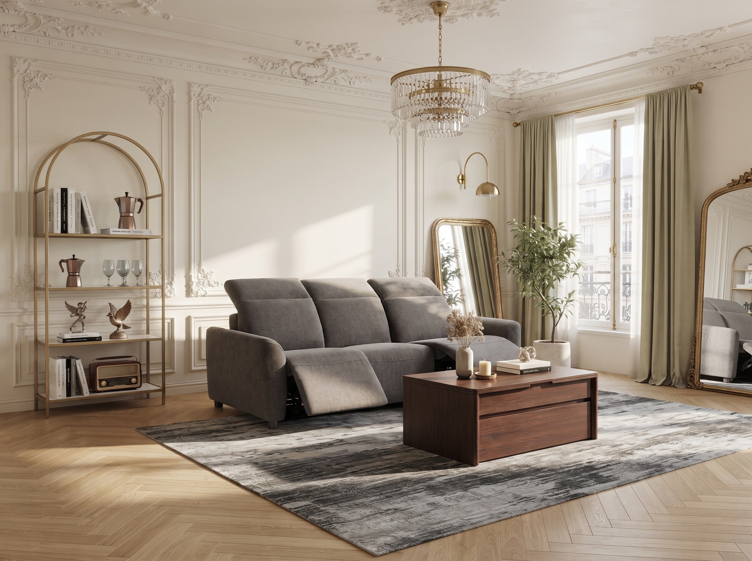 Modular sofa, storage cabinet and rug in a sunlit living space