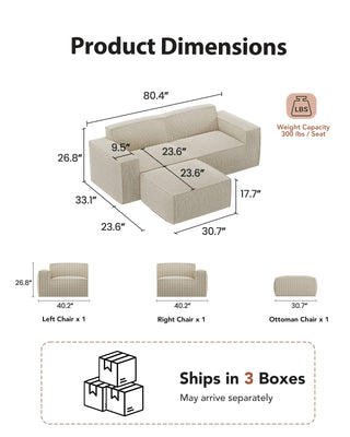 AMADA HOMEFURNISHING 80" L Shaped Sofa Modular, Corduroy Cloud Couches with Deep Seats & High-Back, Upholstered Couches for Living Room Bedroom with Ottoman, No Assembly Required (2-Seater & 1 Ottoman, Beige White)