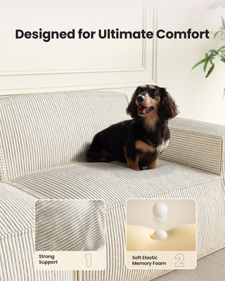 AMADA HOMEFURNISHING 80" L Shaped Sofa Modular, Corduroy Cloud Couches with Deep Seats & High-Back, Upholstered Couches for Living Room Bedroom with Ottoman, No Assembly Required (2-Seater & 1 Ottoman, Beige White)