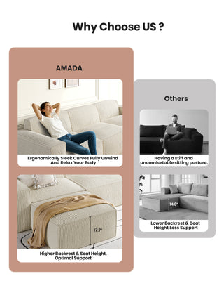 AMADA HOMEFURNISHING 80" L Shaped Sofa Modular, Corduroy Cloud Couches with Deep Seats & High-Back, Upholstered Couches for Living Room Bedroom with Ottoman, No Assembly Required (2-Seater & 1 Ottoman, Beige White)