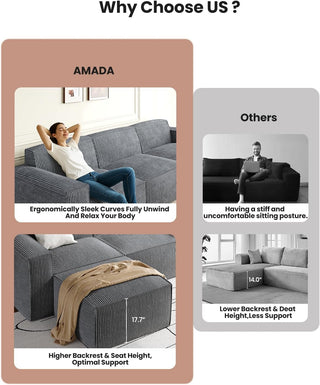 Amada Homefurnishing 80" L Shaped Sofa Modular (2-Seater & 1 Ottoman, Grey)