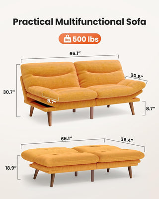 66″Futon Sofa Bed,3-in-1 Futon Couch w/Adjustable Backrest & Armrests, Convertible Sleeper Sofa Bed, Small Folding Sleeper Recliner w/Removable Cushion for Apartment, Living Room,Office (66in,Yellow)