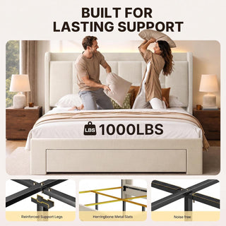 Amada Heavy-Duty Queen Bed Frame with Oversized Drawer, Charging&LED,Cream | Rock-Solid Platform Bed Frame, Extra-Large Drawer for Bulky Items, Extra-Thick Upholstered Headboard, Charging, LED Lighting