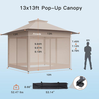 Amada Homefurnishing 13x13 Pop Up Outdoor Gazebos on Clearance for Backyard & Patio Furniture with Wheeled STO-N-Go Cover Bag, Carpa Pop Up Tent with Shelter Mosquito for Patio, Lawn, Garden(13×13ft, Khaki)