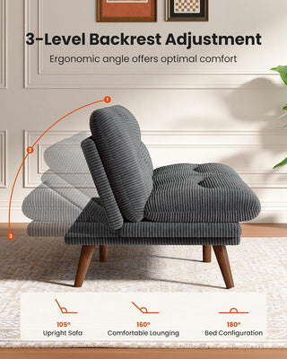 AMADA HOMEFURNISHING Futon Sofa Bed, 3-in-1 Futon Couch with Adjustable Backrest & Armrests, Corduroy Convertible Sleeper Sofa Bed, Folding Sleeper Recliner with Removable Cushion for Apartment, Living Room, Office (66in, Grey)