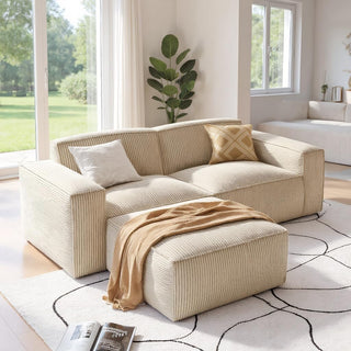AMADA HOMEFURNISHING 80" L Shaped Sofa Modular, Corduroy Cloud Couches with Deep Seats & High-Back, Upholstered Couches for Living Room Bedroom with Ottoman, No Assembly Required (2-Seater & 1 Ottoman, Beige White)