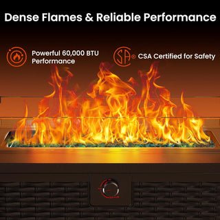 AMADA HOMEFURNISHING 43 Inch Propane Fire Pit Table, 60,000 BTU Gas Fire Pit with Premium Glass Rocks, Wind Guard Glass Shield, Waterproof Cover, Cup Holders, Fire Table for Patio and Garden