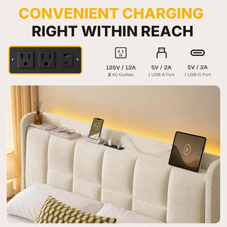 Amada Heavy-Duty Queen Bed Frame with Oversized Drawer, Charging&LED,Cream | Rock-Solid Platform Bed Frame, Extra-Large Drawer for Bulky Items, Extra-Thick Upholstered Headboard, Charging, LED Lighting