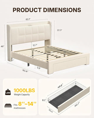 Amada Heavy-Duty Queen Bed Frame with Oversized Drawer, Charging&LED,Cream | Rock-Solid Platform Bed Frame, Extra-Large Drawer for Bulky Items, Extra-Thick Upholstered Headboard, Charging, LED Lighting