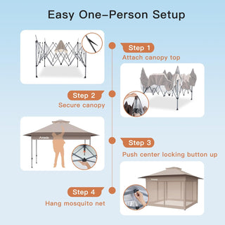 Amada Homefurnishing 13x13 Pop Up Outdoor Gazebos on Clearance for Backyard & Patio Furniture with Wheeled STO-N-Go Cover Bag, Carpa Pop Up Tent with Shelter Mosquito for Patio, Lawn, Garden(13×13ft, Khaki)