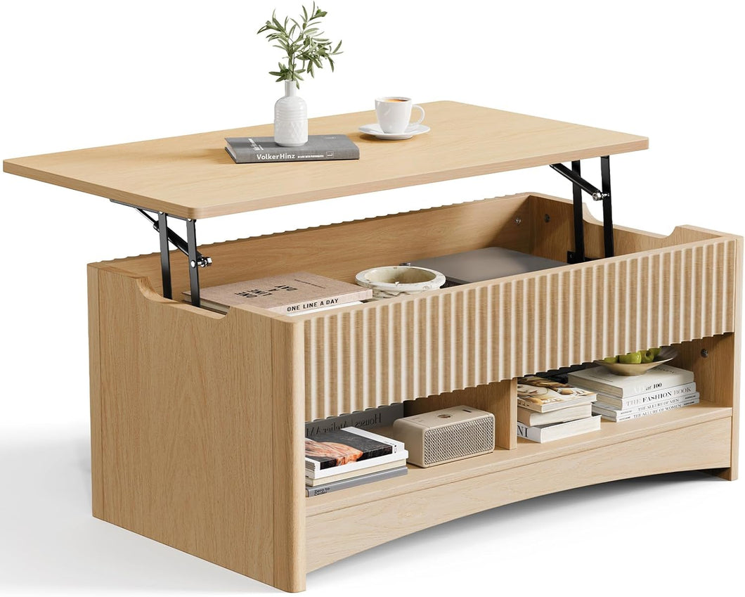 Amada Lift Top Coffee Table with Storage Shelf & Hidden Compartment, Modern Fluted Rectangle Dining Table for Living Room, Home Office,Natural Oak