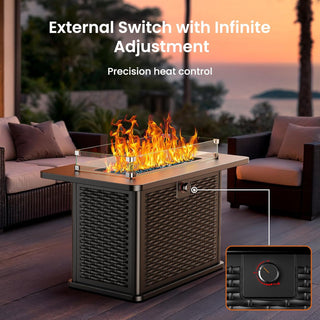 AMADA HOMEFURNISHING 43 Inch Propane Fire Pit Table, 60,000 BTU Gas Fire Pit with Premium Glass Rocks, Wind Guard Glass Shield, Waterproof Cover, Cup Holders, Fire Table for Patio and Garden