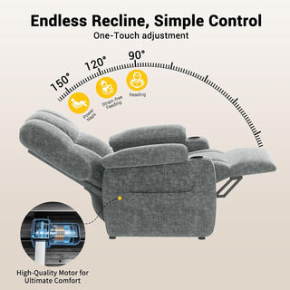 Amada Homefurnishing Power Recliner Chair for Adults, One-Touch Synchronized Electric Recliner with USB Ports, Cup Holder & Side Pockets, Thick Seat Cushion, Chenille, Living Room & Bedroom, Light Grey