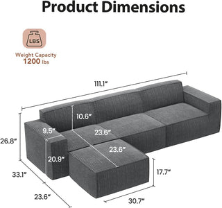 AMADA HOMEFURNISHING 111” Modular Sectional Sofa Couches L-Shape Couch 3 Seat Modular Sofa Memory Foam Sectional Couches for Living Room, Cloud Couch with Movable Ottoman(3-Seater&1 Ottoman,Grey)