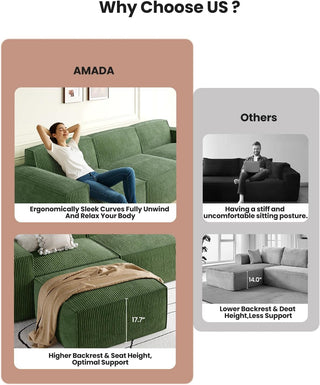 Amada Homefurnishing 80" L Shaped Sofa Modular (2-Seater & 1 Ottoman, Green)