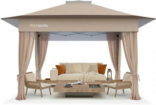 Amada Homefurnishing 13x13 Pop Up Outdoor Gazebos on Clearance for Backyard & Patio Furniture with Wheeled STO-N-Go Cover Bag, Carpa Pop Up Tent with Shelter Mosquito for Patio, Lawn, Garden(13×13ft, Khaki)
