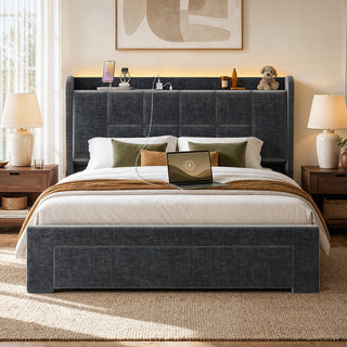 Amada Heavy-Duty Queen Bed Frame with Oversized Drawer, Charging&LED,Cream | Rock-Solid Platform Bed Frame, Extra-Large Drawer for Bulky Items, Extra-Thick Upholstered Headboard, Charging, LED Lighting