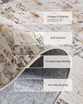 Amada 9x12 Washable Area Rug for Living Room, Beige, Vintage & Abstract