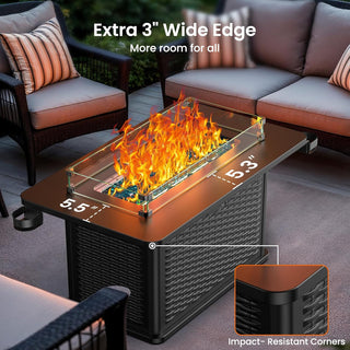 AMADA HOMEFURNISHING 43 Inch Propane Fire Pit Table, 60,000 BTU Gas Fire Pit with Premium Glass Rocks, Wind Guard Glass Shield, Waterproof Cover, Cup Holders, Fire Table for Patio and Garden