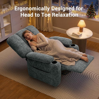 Amada Homefurnishing Power Recliner Chair for Adults, One-Touch Synchronized Electric Recliner with USB Ports, Cup Holder & Side Pockets, Thick Seat Cushion, Chenille, Living Room & Bedroom, Light Grey