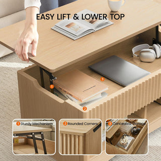 Amada Lift Top Coffee Table with Storage Shelf & Hidden Compartment, Modern Fluted Rectangle Dining Table for Living Room, Home Office,Natural Oak