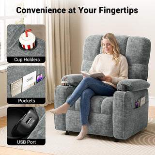 Amada Homefurnishing Power Recliner Chair for Adults, One-Touch Synchronized Electric Recliner with USB Ports, Cup Holder & Side Pockets, Thick Seat Cushion, Chenille, Living Room & Bedroom, Light Grey