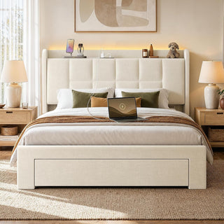Amada Heavy-Duty Queen Bed Frame with Oversized Drawer, Charging&LED,Cream | Rock-Solid Platform Bed Frame, Extra-Large Drawer for Bulky Items, Extra-Thick Upholstered Headboard, Charging, LED Lighting