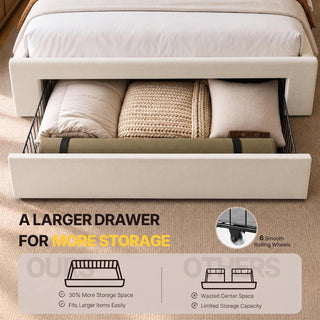 Amada Heavy-Duty Queen Bed Frame with Oversized Drawer, Charging&LED,Cream | Rock-Solid Platform Bed Frame, Extra-Large Drawer for Bulky Items, Extra-Thick Upholstered Headboard, Charging, LED Lighting