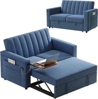 AMADA HOMEFURNISHING 3 in 1 Sleeper Sofa Bed, Pull Out Couch with Side Table, 69″ Convertible Loveseat with Adjustable Backrest, Chaise Lounge with USB Ports & Side Pockets for Living Room, Pull Out Sofa Bed, Dark Blue