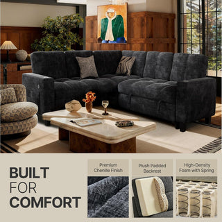 Marsail 84.6" Sectional Sleeper Sofa with Pull Out Bed, 5 Seat Modular Sectional Couch with Storage, USB & Cup Holders, Modern Chenille Cloud Sofa for Living Room, Dark Gray
