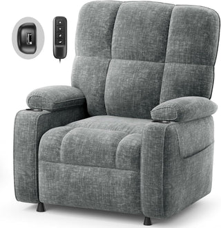 Amada Homefurnishing Power Recliner Chair for Adults, One-Touch Synchronized Electric Recliner with USB Ports, Cup Holder & Side Pockets, Thick Seat Cushion, Chenille, Living Room & Bedroom, Light Grey