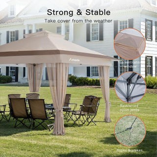 Amada Homefurnishing 13x13 Pop Up Outdoor Gazebos on Clearance for Backyard & Patio Furniture with Wheeled STO-N-Go Cover Bag, Carpa Pop Up Tent with Shelter Mosquito for Patio, Lawn, Garden(13×13ft, Khaki)