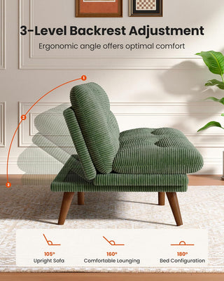 Amada Homefurnishing 75″ Futon Sofa Bed, 3-in-1 Futon Couch with Adjustable Backrest & Armrests, Corduroy Convertible Sleeper Sofa Bed, Folding Sleeper Recliner w/Removable Cushion for Apartment, Living Room, Office, Green