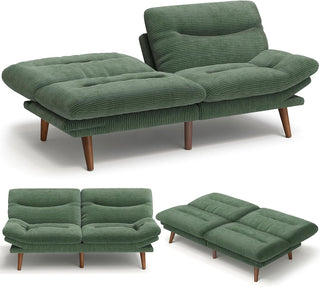 Amada Homefurnishing 66″ Futon Sofa Bed, 3-in-1 Futon Couch with Adjustable Backrest & Armrests, Corduroy Convertible Sleeper Sofa Bed, Folding Sleeper Recliner w/Removable Cushion for Apartment, Living Room, Office, Green