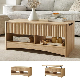 Amada Lift Top Coffee Table with Storage Shelf & Hidden Compartment, Modern Fluted Rectangle Dining Table for Living Room, Home Office,Natural Oak