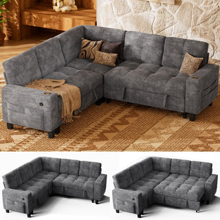 Marsail 84.6" Sectional Sleeper Sofa with Pull Out Bed, 5 Seat Modular Sectional Couch with Storage, USB & Cup Holders, Modern Chenille Cloud Sofa for Living Room, Dark Gray