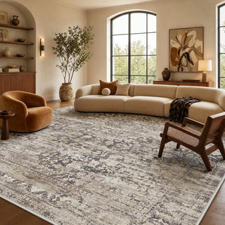 Amada 9x12 Washable Area Rug for Living Room, Beige, Vintage & Abstract