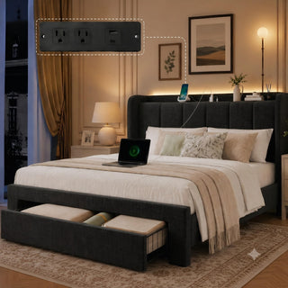 Amada Heavy-Duty Queen Bed Frame with Oversized Drawer, Charging&LED,Cream | Rock-Solid Platform Bed Frame, Extra-Large Drawer for Bulky Items, Extra-Thick Upholstered Headboard, Charging, LED Lighting