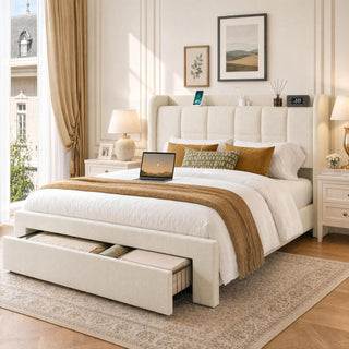 Amada Heavy-Duty Queen Bed Frame with Oversized Drawer, Charging&LED,Cream | Rock-Solid Platform Bed Frame, Extra-Large Drawer for Bulky Items, Extra-Thick Upholstered Headboard, Charging, LED Lighting