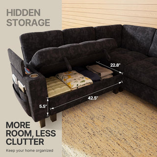 Marsail 84.6" Sectional Sleeper Sofa with Pull Out Bed, 5 Seat Modular Sectional Couch with Storage, USB & Cup Holders, Modern Chenille Cloud Sofa for Living Room, Dark Gray