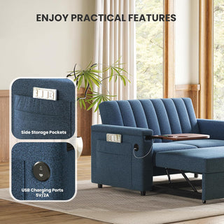 AMADA HOMEFURNISHING 3 in 1 Sleeper Sofa Bed, Pull Out Couch with Side Table, 69″ Convertible Loveseat with Adjustable Backrest, Chaise Lounge with USB Ports & Side Pockets for Living Room, Pull Out Sofa Bed, Dark Blue