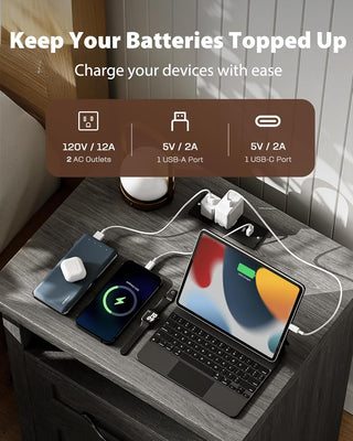 Amada Nightstand with Charging Station, Grey