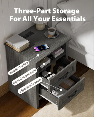 Amada Nightstand with Charging Station, Grey
