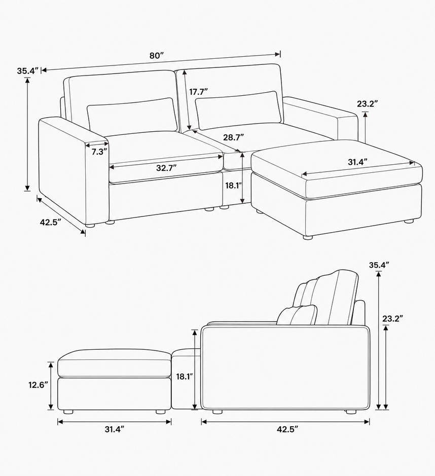 L-Shaped 2 Seater + Ottoman