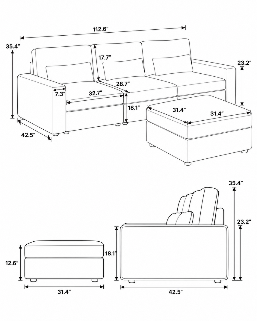 L-Shaped 3 Seaters + Ottoman