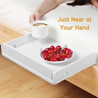 AMBS03 Bedside Shelf with Cable Management & Cup Holder, Use as Snack Table (White)