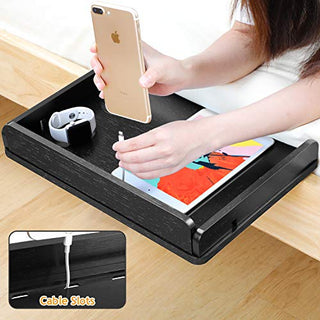 AMBS02 Bedside Shelf with Cable Management & Cup Holder, Use as Snack Table (Black)