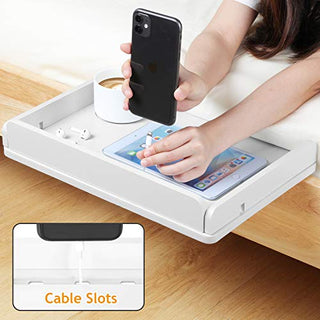 AMBS03 Bedside Shelf with Cable Management & Cup Holder, Use as Snack Table (White)