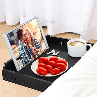 AMBS02 Bedside Shelf with Cable Management & Cup Holder, Use as Snack Table (Black)