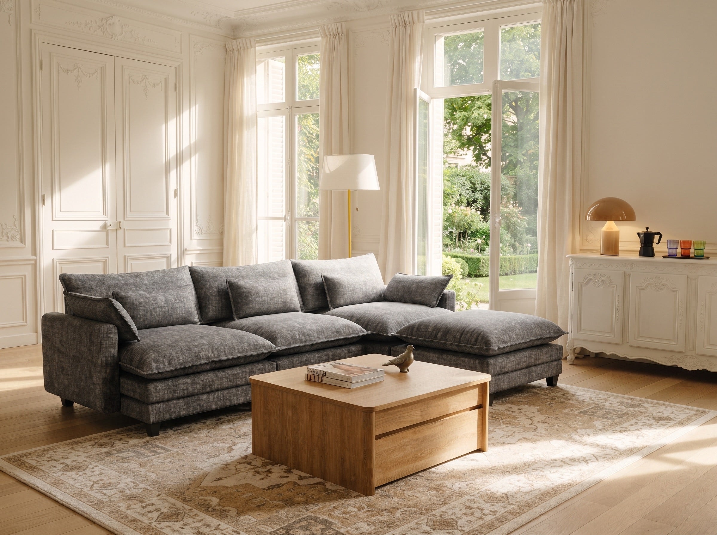 Modular sectional sofa styled with a lift-top coffee table and area rug